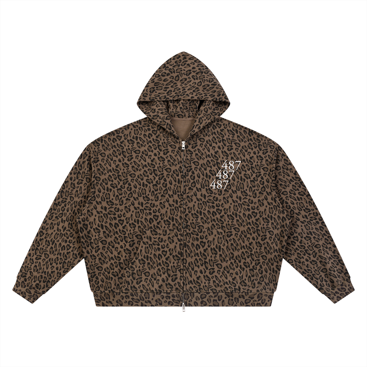 Honest 487  Design  Leopard Print Waffle Full Zip Hoodie
